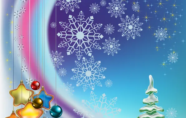 Картинка звезды, шарики, украшения, снежинки, шары, игрушки, графика, елка, звёзды, Рождество, Новый год, ёлка