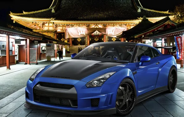 Картинка ночь, blue, Nissan GTR