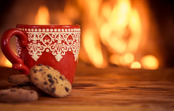 Картинка зима, кофе, горячий, печенье, чашка, fire, камин, cup, coffee, cute, cookies