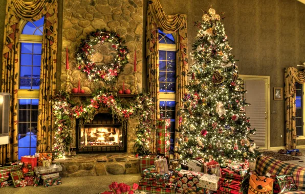 Картинка дом, настроение, праздник, игрушки, елка, подарки, Новый год, камин, гирлянда, коробки, New Year