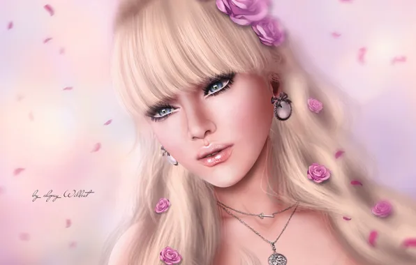 Картинка девушка, лицо, портрет, розы, блондинка