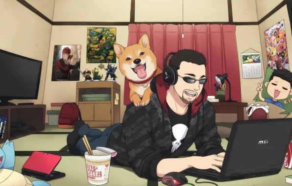 Картинка собака, аниме, наушники, арт, очки, ноутбук, парень комната