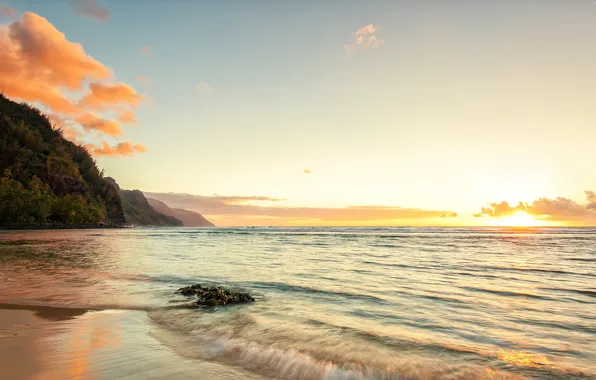 Картинка горы, океан, берег, Гавайи, Hawaii, Kee beach, island Kauai