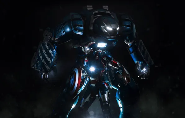 Картинка фантастика, робот, костюм, щит, Железный человек, Iron Man, Капитан Америка, Captain America, патриот