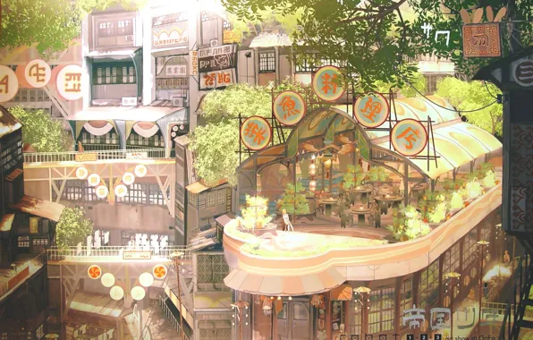 Картинка лето, деревья, город, улица, дома, иероглифы, ресторан, Art, солнечный день, веранда, Imperial Boy (Teikaku Shounen)