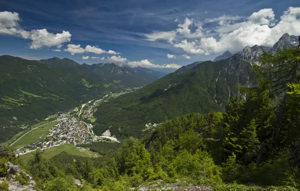 Картинка горы, долина, панорама, городок, Словения, Slovenia, Kranjska Gora, Краньска-Гора