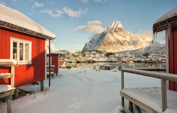 Картинка зима, море, небо, снег, дом, гора, Норвегия
