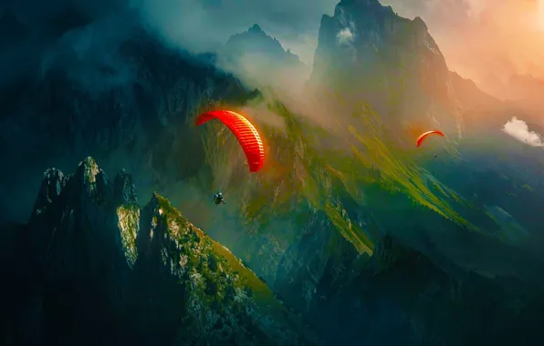 Картинка sky, landscape, nature, mountains, fog, fly, sports, mist, peaks, Paragliding, parachutes