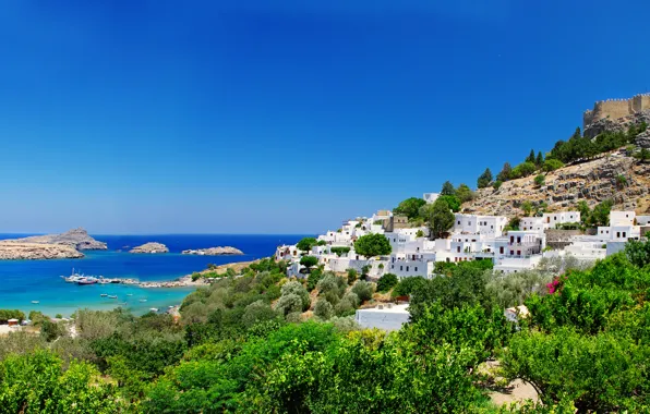 Картинка деревья, природа, побережье, дома, Греция, крепость, Greece