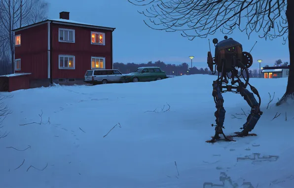 Картинка снег, деревья, следы, дом, ветви, робот, вечер, арт, фонари, художник, автомобили, свет в окнах, пригород, …