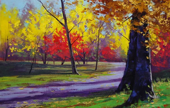 Картинка осень, деревья, природа, парк, арт, дорожка, солнечно, artsaus