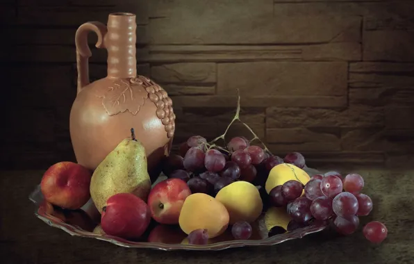 Картинка виноград, груша, кувшин, фрукты, нектарин