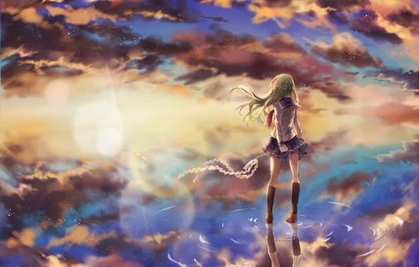 Картинка небо, вода, девушка, облака, закат, отражение, аниме, арт, форма, школьница, kane, touhou, kochiya sanae, kanekiru