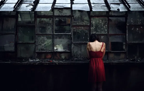 Картинка девушка, окна, платье, стёкла, Destruction