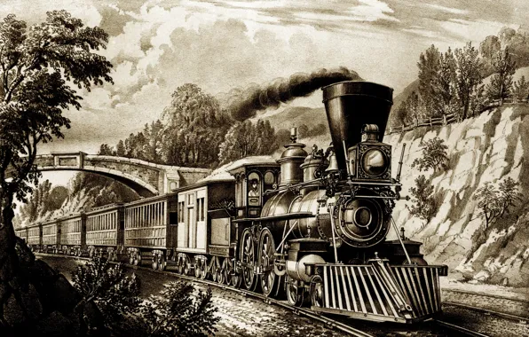 Картинка дорога, поезд, паровоз, картина, вагон, железная, история, retro, train