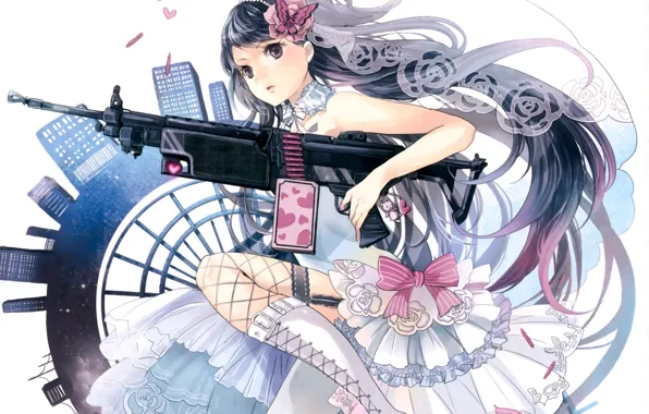Картинка девушка, цветы, оружие, бабочка, дома, аниме, арт, сердечки, бант, фата, Sakuragi Kei