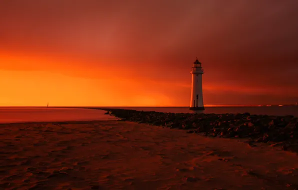 Картинка пляж, рассвет, маяк, Perch Rock lighthouse