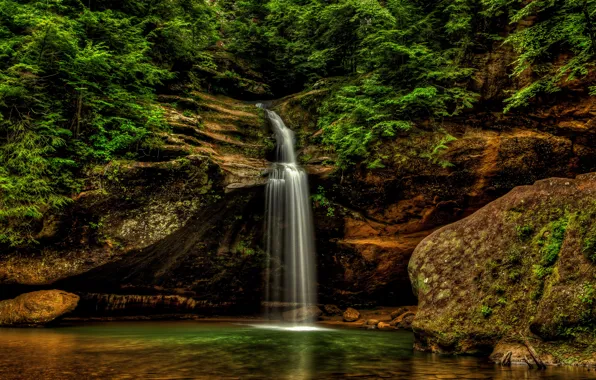 Картинка лес, деревья, скала, камни, водопад, США, Logan, Ohio, Hocking Hills State Park