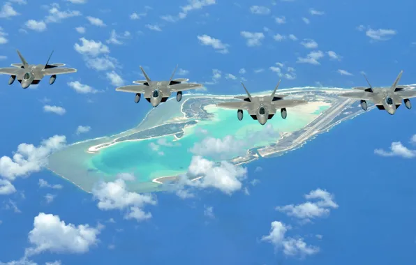 Картинка море, полет, остров, истребители, F-22 Raptor, многоцелевые, «Раптор»