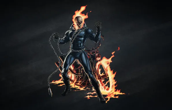 Картинка темный фон, огонь, череп, цепь, скелет, мотоцикл, Ghost Rider, Призрачный гонщик, байк