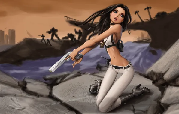 Картинка поза, пистолет, Девушка, форма, выстрелы