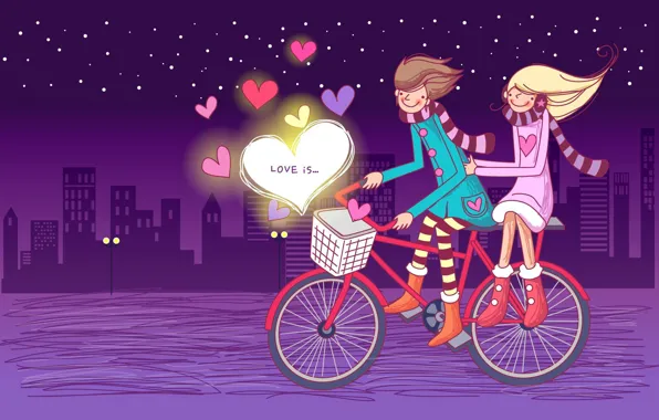 Картинка звезды, ночь, велосипед, сердца, влюбленные, love is
