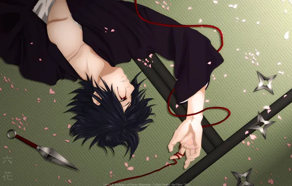 Картинка лепестки, naruto, красная нить, кунай, uchiha sasuke, сюрикен
