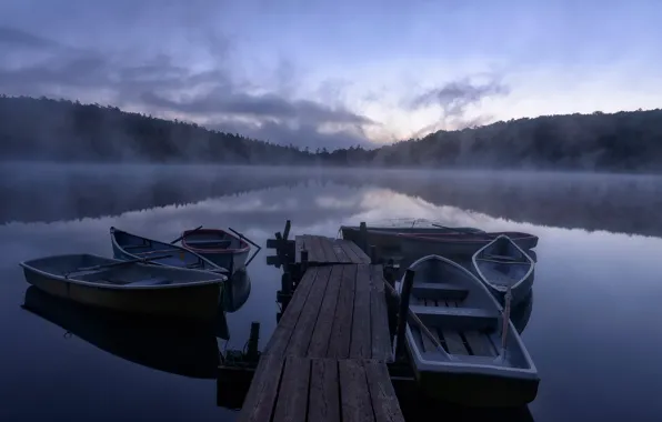 Картинка озеро, лодки, утро, причал