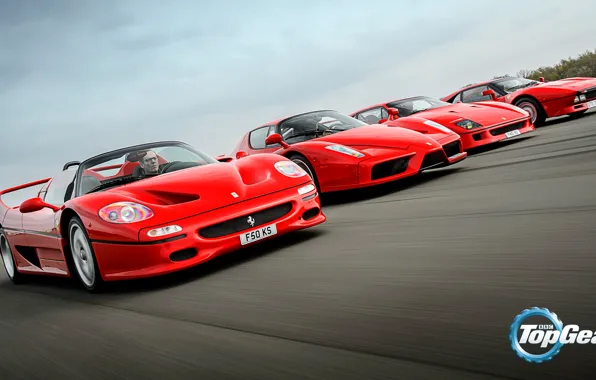 Картинка Top Gear, Ferrari, Red, F40, Enzo, Speed, Front, Supercars, Track, Italian, F50, Asphalt, 288 GTO