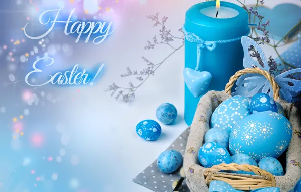 Картинка голубой, свеча, яйца, Пасха, декор
