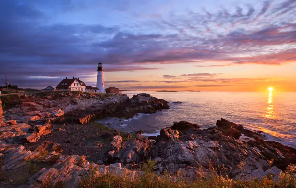 Картинка море, солнце, скалы, рассвет, маяк, Портленд