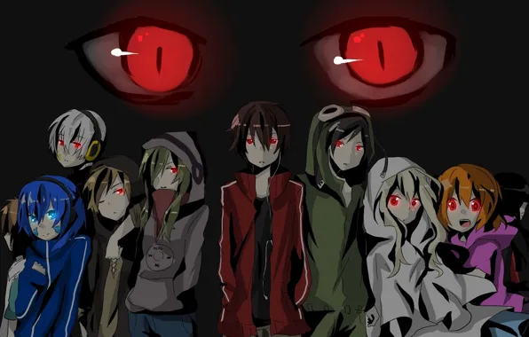 Картинка банда, красные глаза, змеиные глаза, Kagerou Project, одержимый, Haruka, спортивный костюм, дамоны