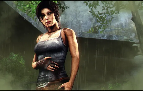Картинка лес, девушка, дождь, рана, Lara Croft