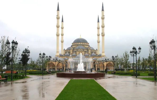 Картинка город, фонтан, мечеть, Чечня, Грозный, Grozny, 95регион, сердце чечни