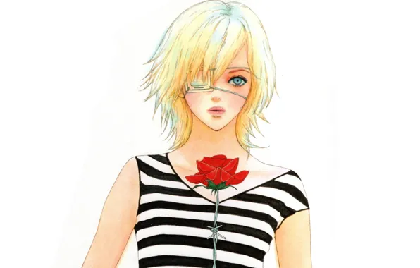 Картинка блондинка, белый фон, красная роза, колючая проволка, повязка на глаз, чёлка, Omae ga Sekai o …