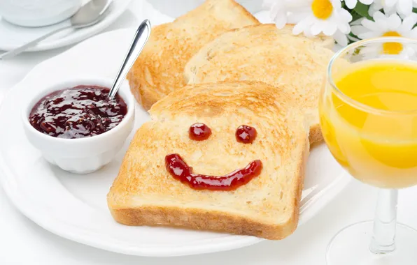 Картинка улыбка, ромашки, завтрак, сок, хлеб, джем, рожица, тост