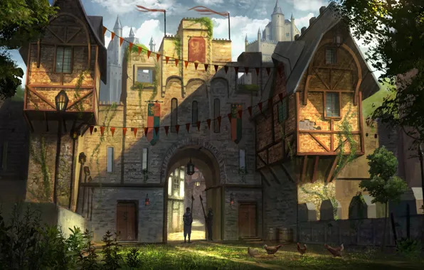 Картинка деревья, замок, фонари, башни, флаги, врата, castle, стража, Jonathan Dufresne, Castle Gate