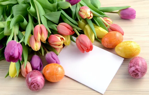 Картинка цветы, праздник, яйца, Пасха, тюльпаны, карточка, Easter, крашенки