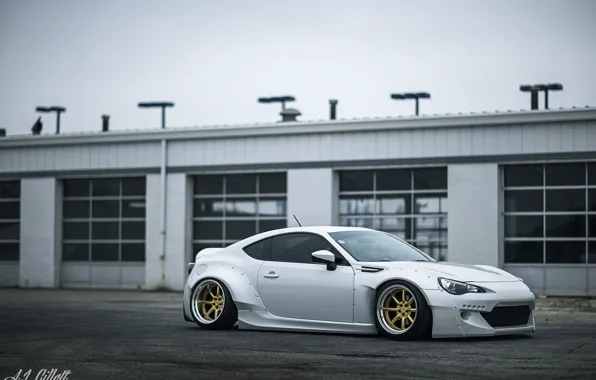 Картинка white, wheels, gold, subaru, toyota, jdm, tuning, front, low, brz, stance, gt86, scion, fr-s