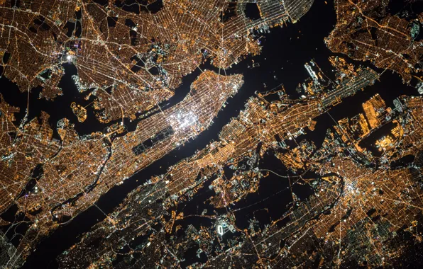 Картинка city, lights, USA, United States, night, New York, Manhattan, NYC, New York City, pattern, map, …