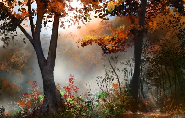 Картинка осень, лес, деревья, арт, нарисованный пейзаж