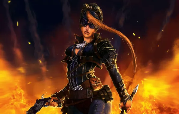 Картинка девушка, пистолет, оружие, огонь, меч, арт, очки, рыжая, Geraud Soulie
