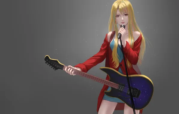 Картинка девушка, фон, гитара, микрофон, anime, art