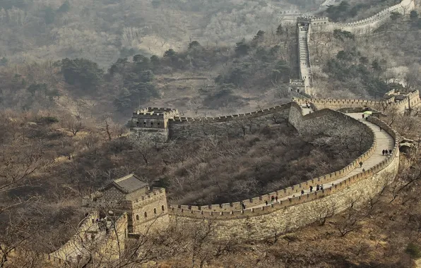 Картинка деревья, горы, башня, Китай, великая китайская стена