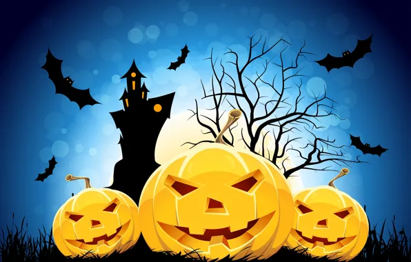 Картинка улыбка, замок, дерево, праздник, луна, хэллоуин, мыши, страшилки, веселые тыквы, праздник ужасов