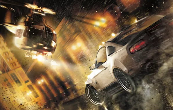 Картинка улица, скорость, погоня, вертолет, выстрелы, Ford Mustang Shelby GT500, Need for Speed: The Run