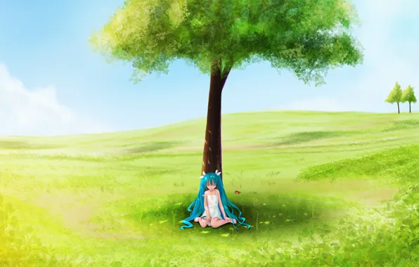 Картинка поле, лето, дерево, девочка