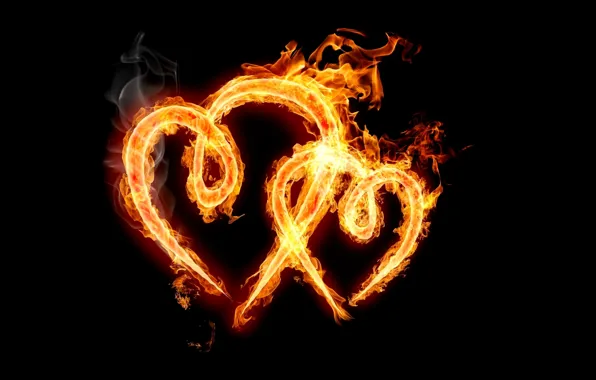 Картинка фон, чёрный, сердца, два, огненых