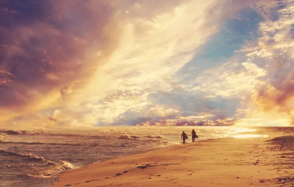 Картинка песок, море, волны, пляж, небо, люди, берег, горизонт, серфинг, прогулка