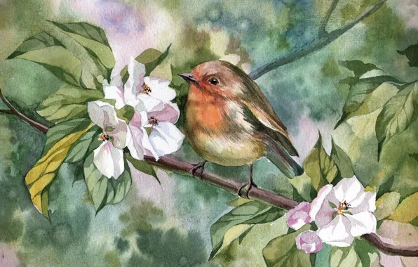Картинка цветы, весна, арт, птичка